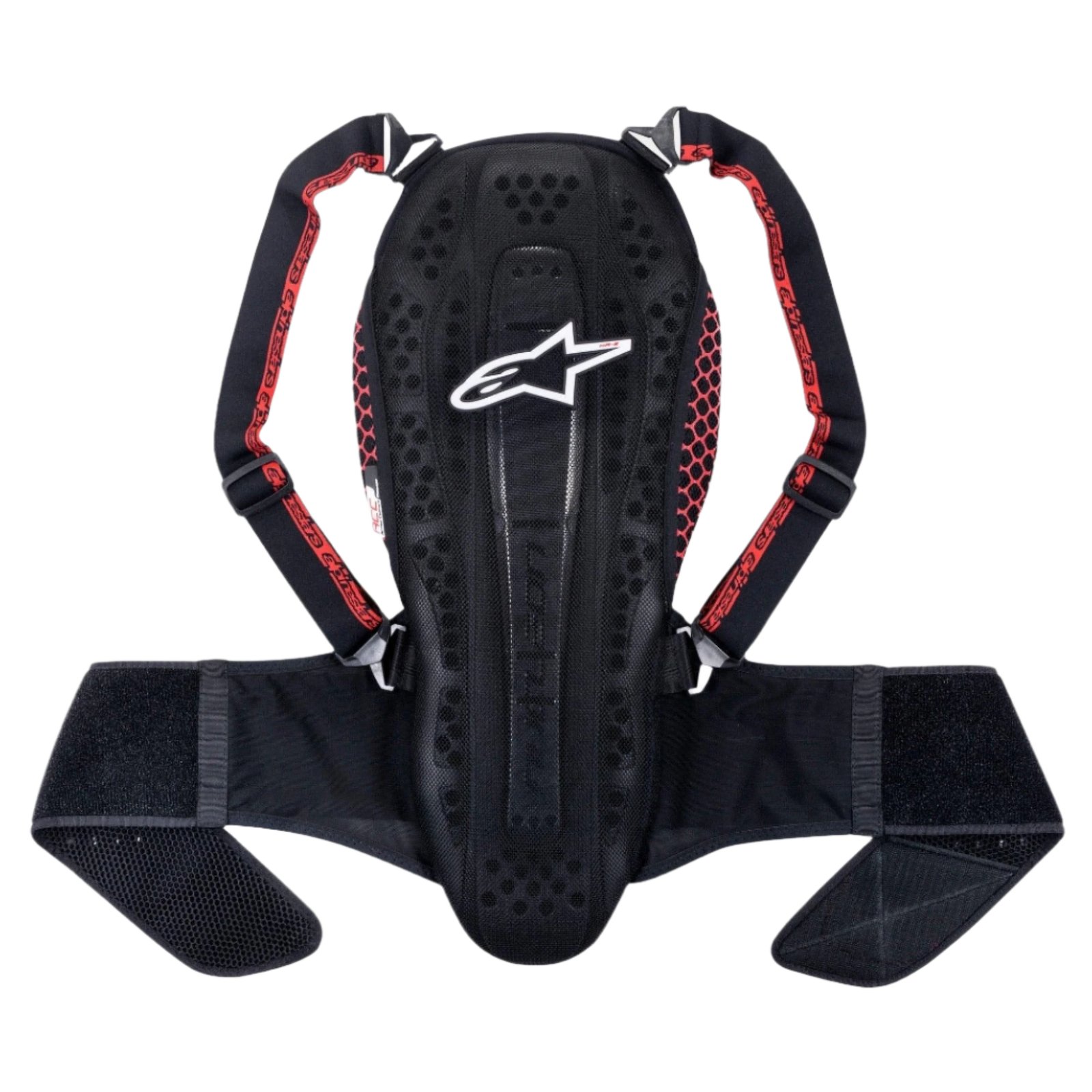 Alpinestars Nucleon KR-2 Back Protector, Black Smoke Red, featuring an articulated vertebrae-style design, adjustable shoulder straps with red accents, and a wide waist belt, lightweight motorcycle spine protection