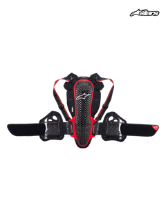 Alpinestars Nucleon KR-3 Back Protector, CE Level 2 certified motorcycle spine and rib protection, smoke black and red, lattice shell construction with adjustable shoulder straps and kidney belt