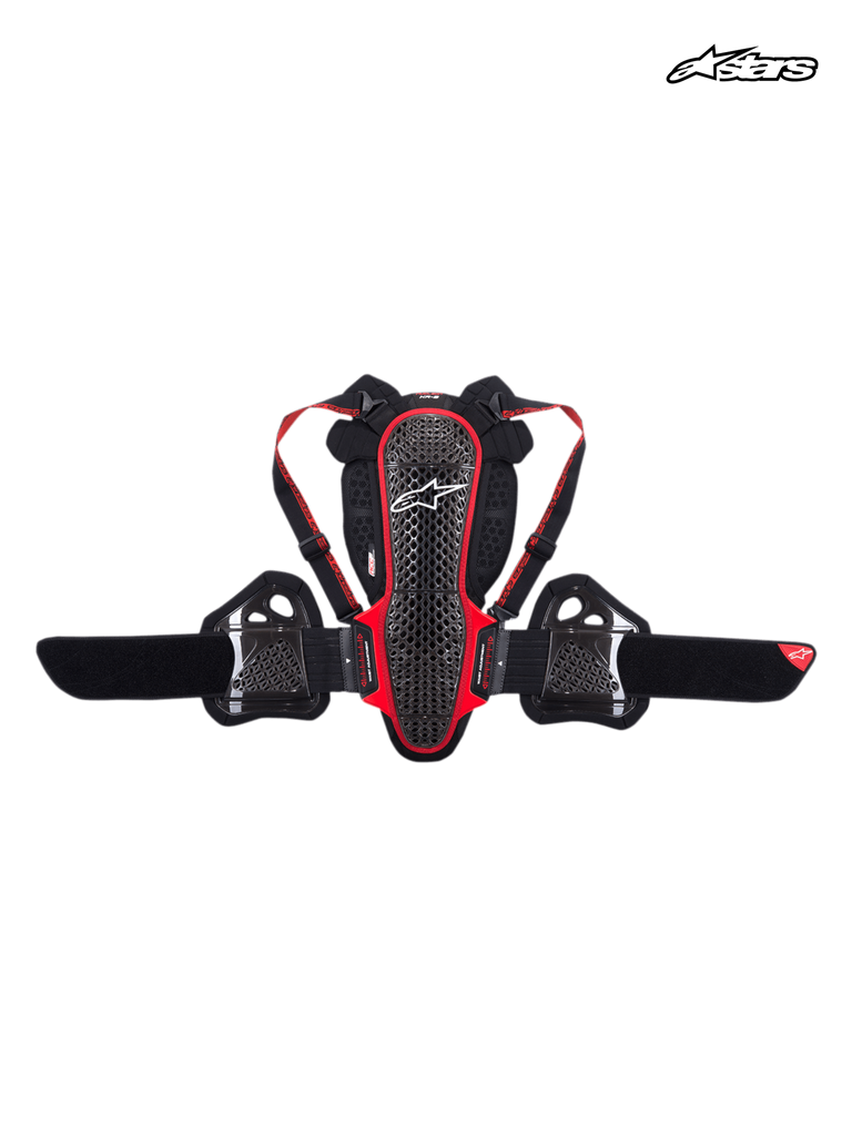 Alpinestars Nucleon KR-3 Back Protector, CE Level 2 certified motorcycle spine and rib protection, smoke black and red, lattice shell construction with adjustable shoulder straps and kidney belt