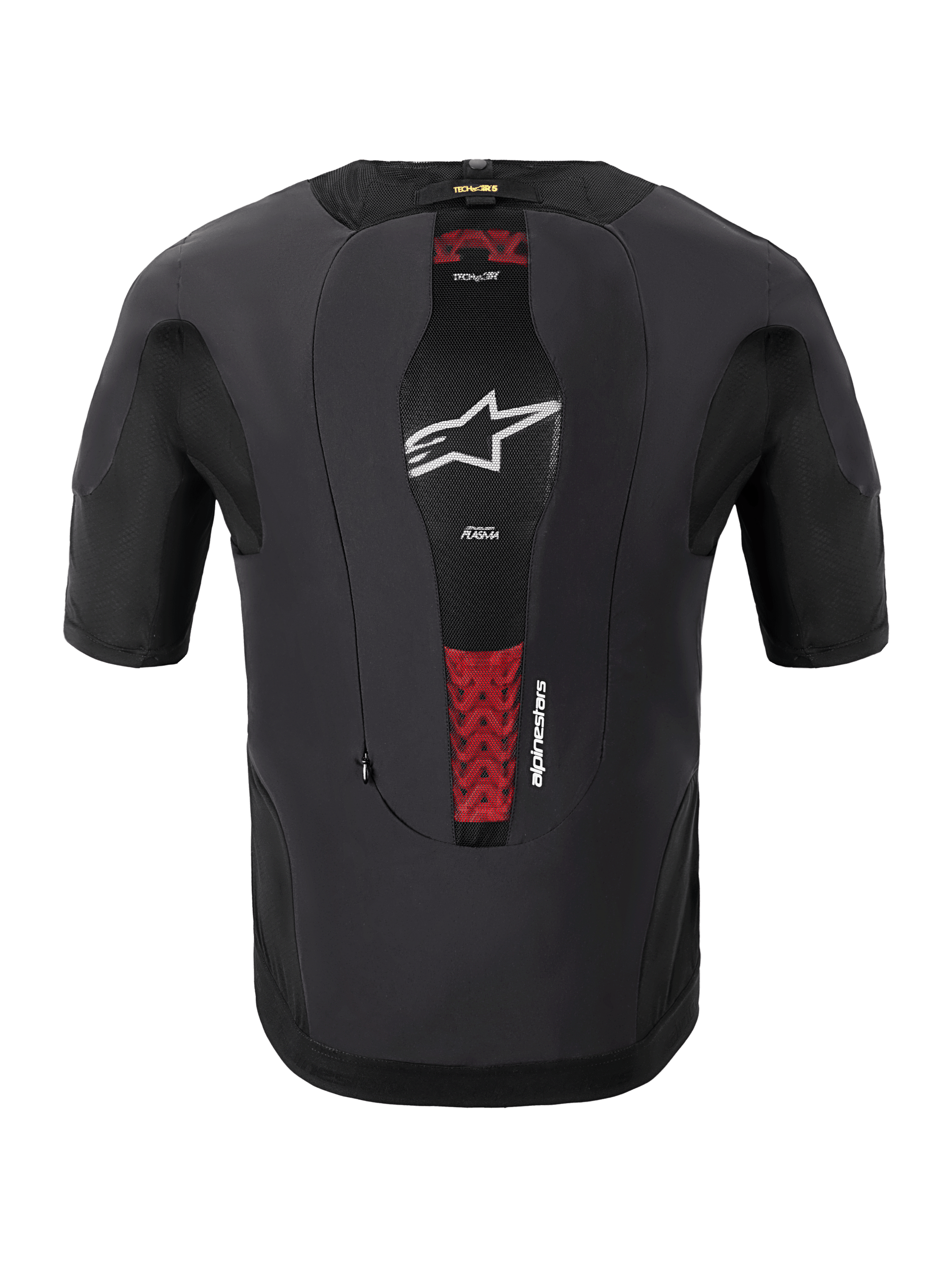 Alpinestars Tech-Air® 5 Plasma System, Motorcycle Airbag System, Rear View, Black, features a central mesh panel with a white star logo and red accents from the internal PLASMA back protector, slim-fit short-sleeved design for under-jacket protection