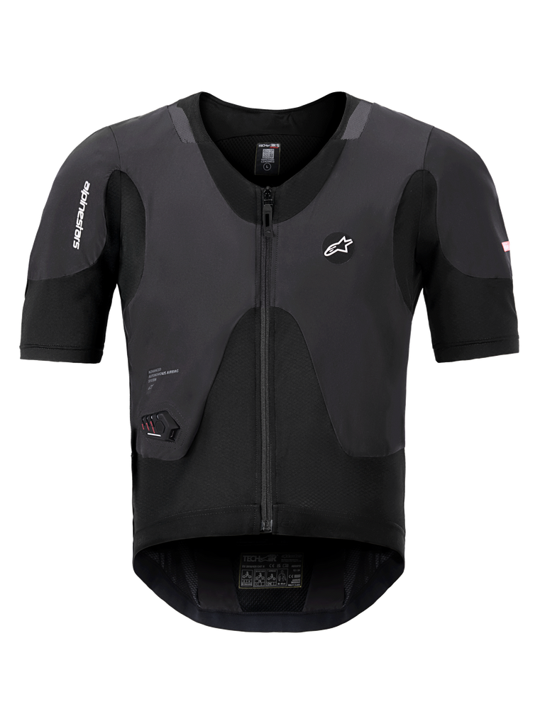 Alpinestars Tech-Air 5 Plasma System, Black Airbag Vest, front view showing short sleeves and central zipper, features Alpinestars branding and an integrated LED status display, ultra-slim protective undergarment for motorcycle safety