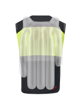 Alpinestars Tech-Air® 3 V2 System, Motorcycle Airbag Vest, Black and Yellow Fluo, back view with a translucent overlay showing the internal airbag chambers for spine and shoulder protection