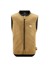 Alpinestars Tech-Air 3 V2 Canvas System, Tan Motorcycle Airbag Vest, Front view featuring black central zipper and collar, stretch canvas material, chest pockets with branding, sleeveless motorcycle safety gear