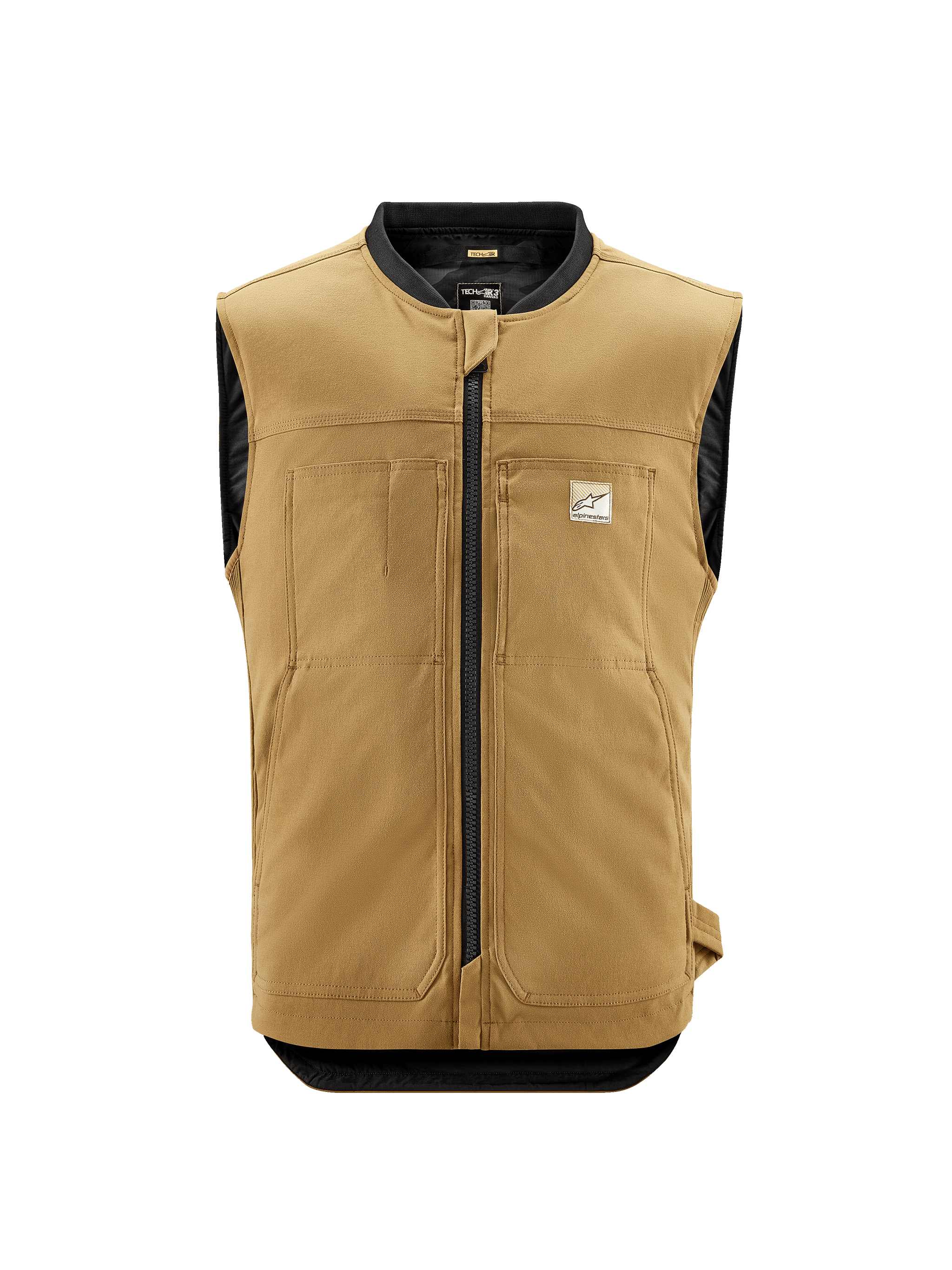 Alpinestars Tech-Air 3 V2 Canvas System, Tan Motorcycle Airbag Vest, Front view featuring black central zipper and collar, stretch canvas material, chest pockets with branding, sleeveless motorcycle safety gear