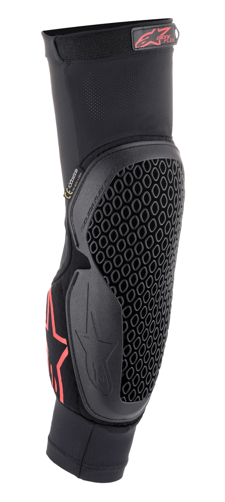 Alpinestars Bionic Flex Elbow Protector, Black and Red, slip-on mesh sleeve with flexible honeycomb Nucleon Flex Technology, red Alpinestars logo, ergonomic off-road motorcycle protection gear