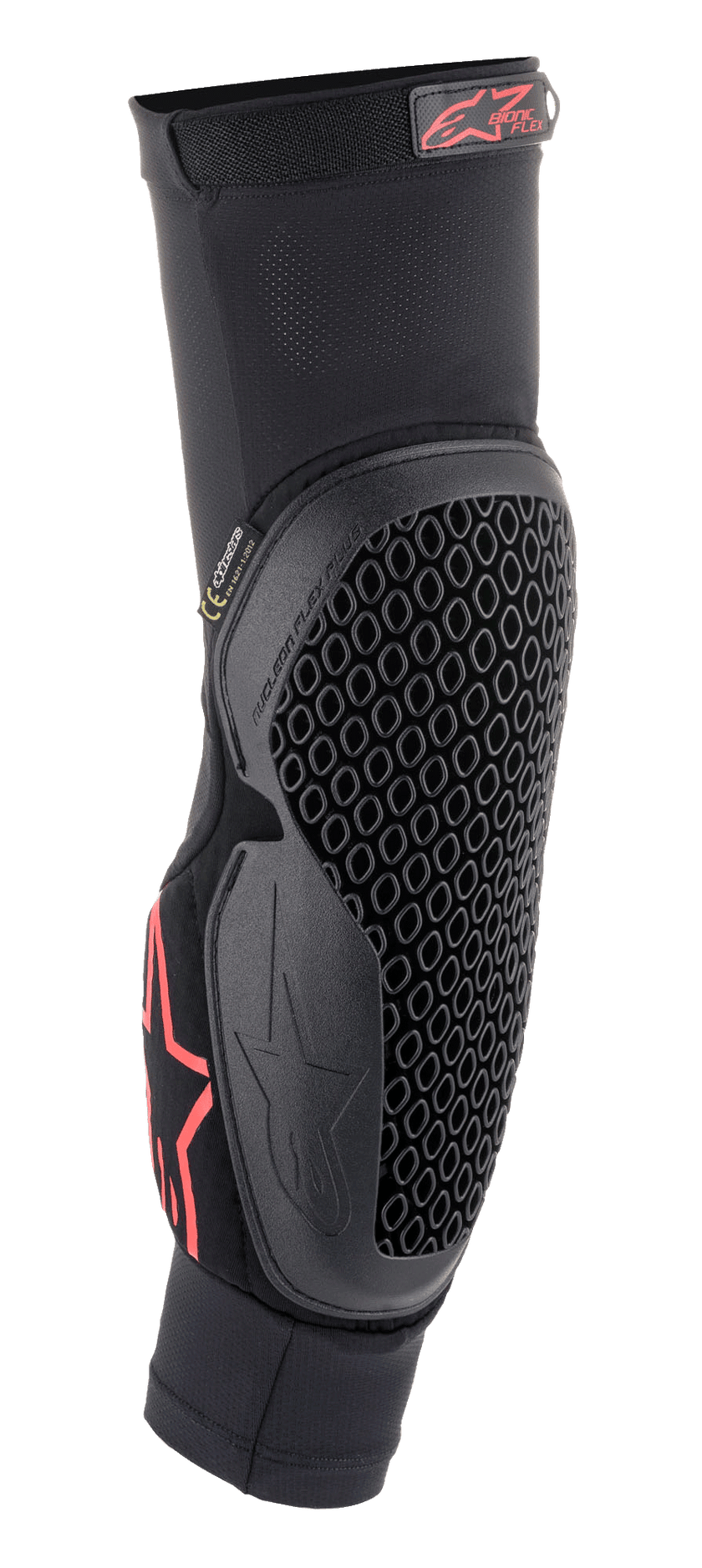 Alpinestars Bionic Flex Elbow Protector, Black and Red, slip-on mesh sleeve with flexible honeycomb Nucleon Flex Technology, red Alpinestars logo, ergonomic off-road motorcycle protection gear