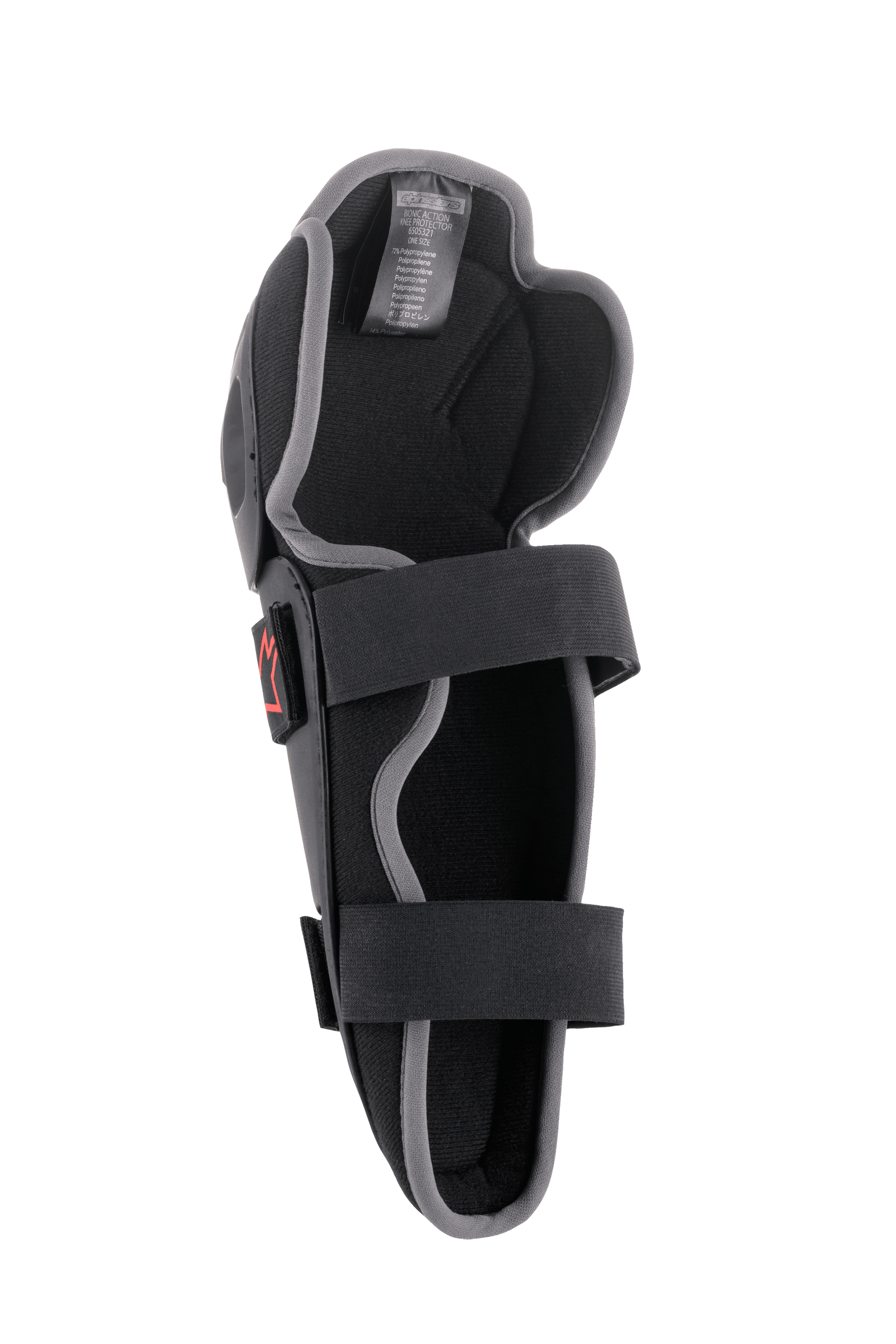 Alpinestars Bionic Action Knee Protector, Motocross Knee Guard, Black and Grey, interior view featuring dual elasticated strap system, foam padding, and ergonomic asymmetrical design for off-road riding