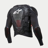 Alpinestars Bionic Tech V3 Protection Jacket, Black, rear view showing integrated back, shoulder, and elbow armor, white Alpinestars logo on perforated back plate, stretch mesh construction with red interior padding visible, adjustable V-straps for off-road protection.