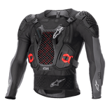 Alpinestars Bionic Plus V2 Protection Jacket, Motocross Body Armor, Black and Anthracite Gray with Red accents, featuring a honeycomb mesh chest protector, padded shoulders and elbows, breathable mesh design for off-road racing