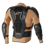 Alpinestars Bionic Action V2 Protection Jacket, Sand Black and Tangerine, back view showing the Cell Technology back protector with honeycomb design, integrated shoulder and elbow armor, and breathable tan mesh construction.