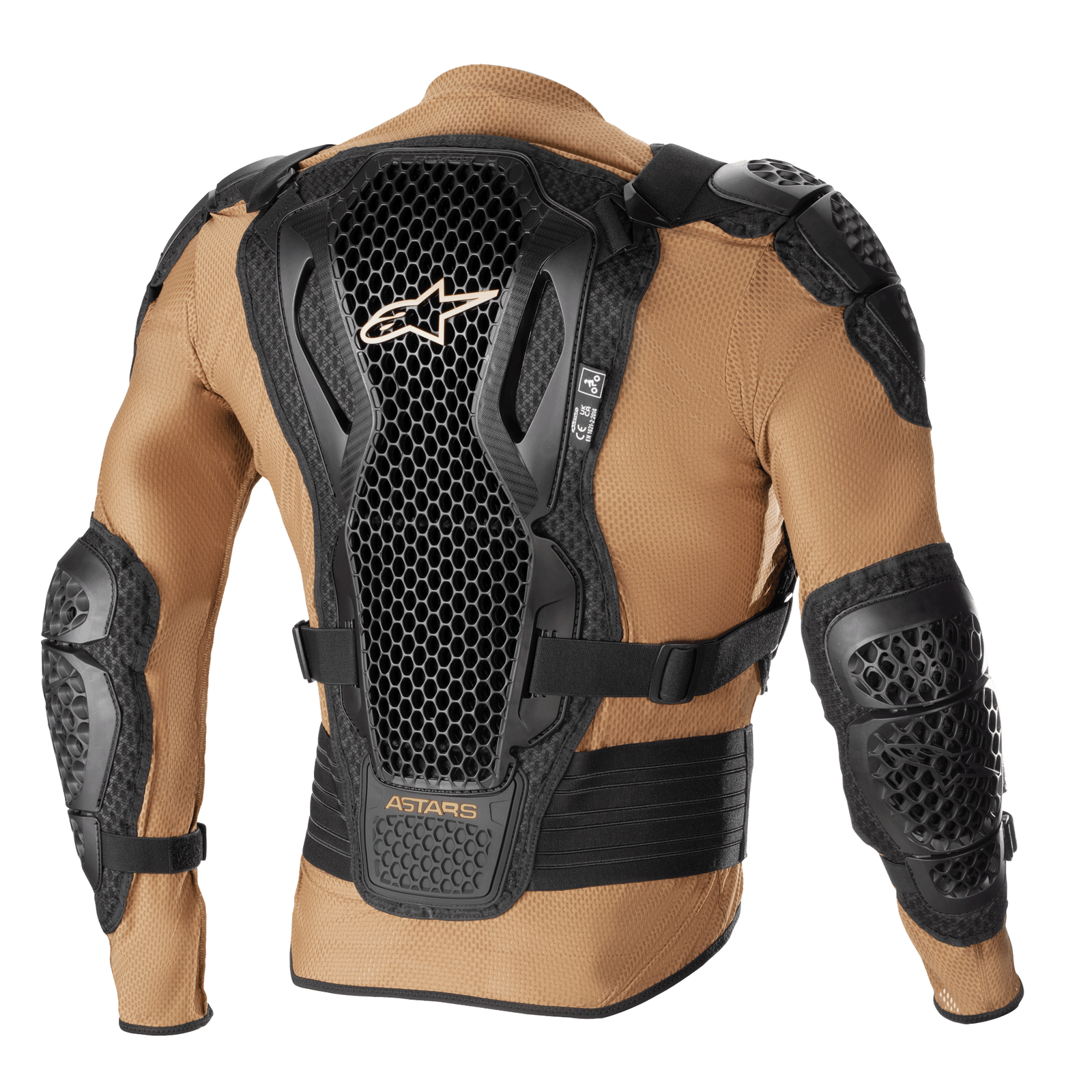 Alpinestars Bionic Action V2 Protection Jacket, Sand Black and Tangerine, back view showing the Cell Technology back protector with honeycomb design, integrated shoulder and elbow armor, and breathable tan mesh construction.