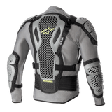 Alpinestars Bionic Action V2 Protection Jacket, Rear view, Gray and Black with Yellow Fluo accents, featuring highly perforated Cell Technology back, shoulder, and elbow protectors, gray mesh chassis with black adjustable straps and yellow Astars branding