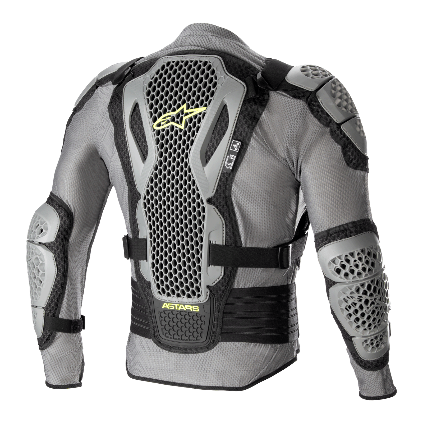 Alpinestars Bionic Action V2 Protection Jacket, Rear view, Gray and Black with Yellow Fluo accents, featuring highly perforated Cell Technology back, shoulder, and elbow protectors, gray mesh chassis with black adjustable straps and yellow Astars branding