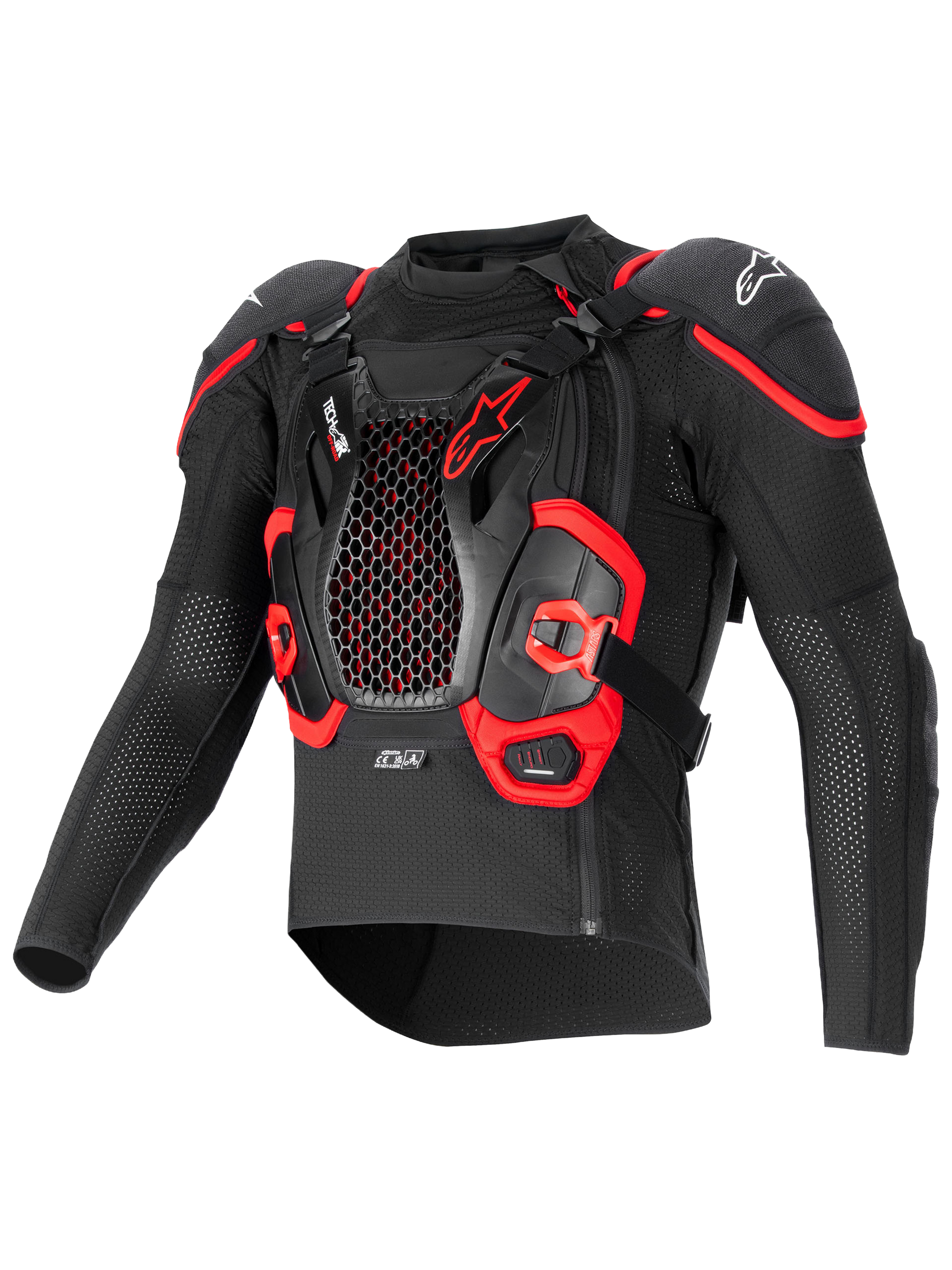 Alpinestars Tech-Air Off-Road System, motorcycle off-road airbag and protection jacket, Black and Red, textile construction with integrated Nucleon CELL chest and back protection