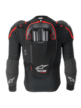 Alpinestars Tech-Air® Off-Road System, off-road motorcycle airbag system, back view in Black and Red, featuring an integrated Nucleon CELL back protector, hydration bladder compartment, and CE Level 1 protection