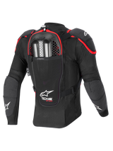 Alpinestars Tech-Air Off-Road System, off-road motorcycle airbag protection jacket, back view, black and red, featuring integrated Nucleon CELL back protector and dual-charge inflator compartment