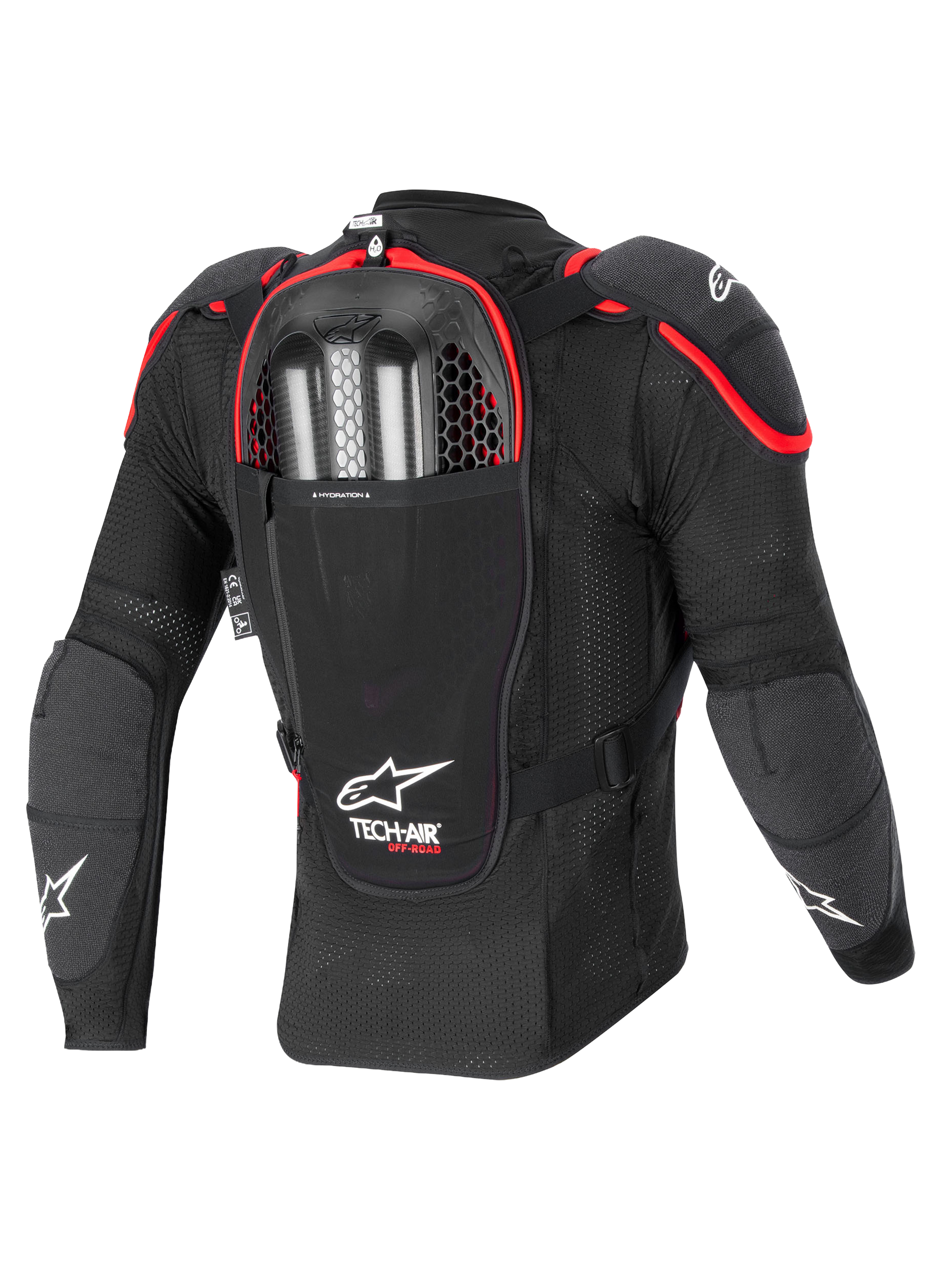 Alpinestars Tech-Air Off-Road System, off-road motorcycle airbag protection jacket, back view, black and red, featuring integrated Nucleon CELL back protector and dual-charge inflator compartment