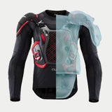 Tech-Air® Off-Road System, split view of black/red protection jacket with an inflated blue airbag overlay.
