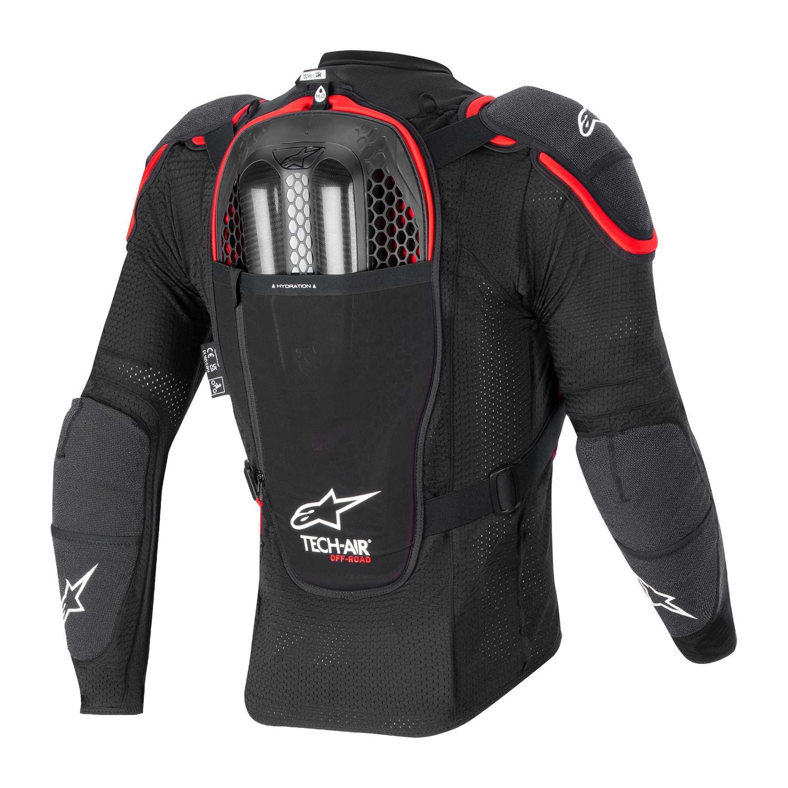 Tech-Air Off-Road System, rear view, black and red mesh protective jacket with back protector and dual gas inflators.