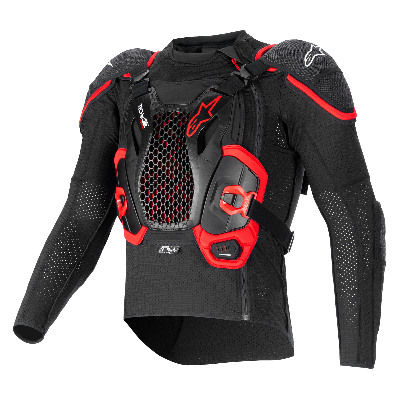 Tech-Air® Off-Road System, black and red motorcycle airbag jacket with honeycomb chest protector and breathable mesh.