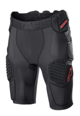 Alpinestars Bionic Pro Protection Shorts, Motocross Protective Shorts, Black and Red, featuring padded hip and thigh protection, breathable mesh sleeve, elastic waistband with red ASTARS logo, technical design for off-road impact protection