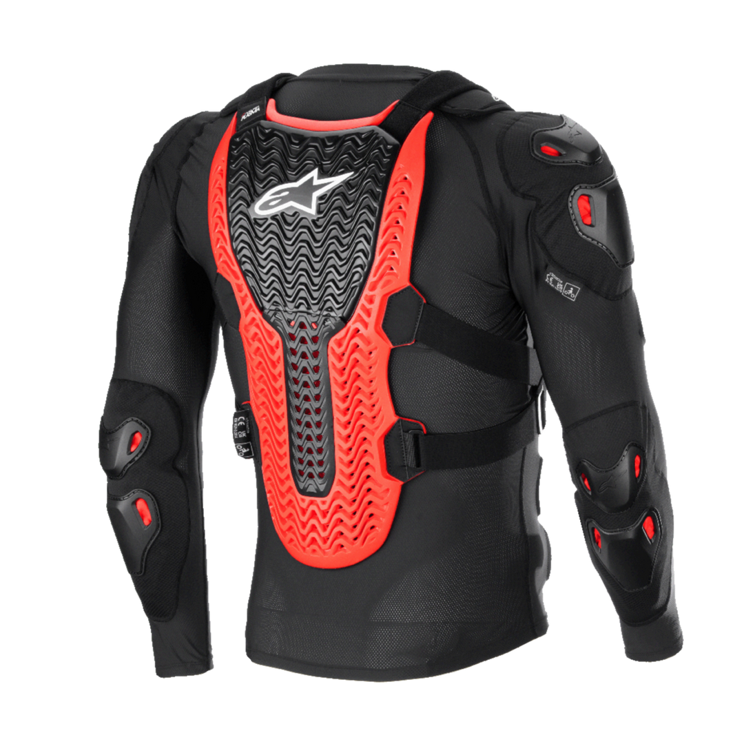 Alpinestars Bionic XTR Plasma Protection Jacket, Black Red and White, rear view showing the large ribbed Nucleon PLASMA back protector, shoulder and elbow padding, black mesh construction for off-road motocross protection