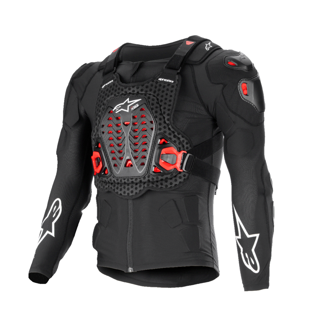 Alpinestars Bionic XTR Plasma Protection Jacket, Black with Red and White accents, Motorcycle Body Armor, breathable mesh-textured chassis, ventilated chest plate with red Nucleon PLASMA inserts, white star logos on sleeves, adjustable side buckles, high-impact off-road gear