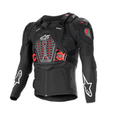 Alpinestars Bionic XTR Plasma Protection Jacket, Black with Red and White accents, Motorcycle Body Armor, breathable mesh-textured chassis, ventilated chest plate with red Nucleon PLASMA inserts, white star logos on sleeves, adjustable side buckles, high-impact off-road gear