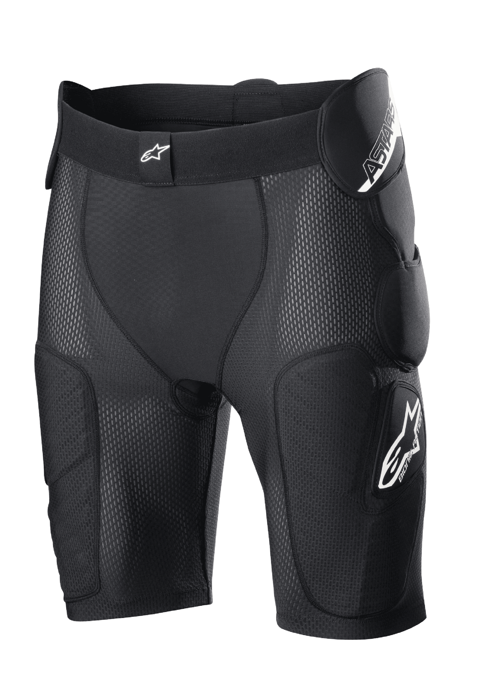 Alpinestars Bionic Action Protection Shorts, Black, featuring integrated hip and thigh padding, breathable mesh construction, elastic waistband with white logo, motocross and off-road protective gear