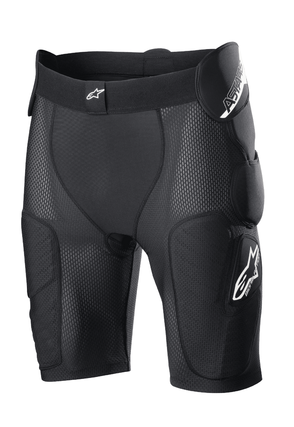 Alpinestars Bionic Action Protection Shorts, Black, featuring integrated hip and thigh padding, breathable mesh construction, elastic waistband with white logo, motocross and off-road protective gear