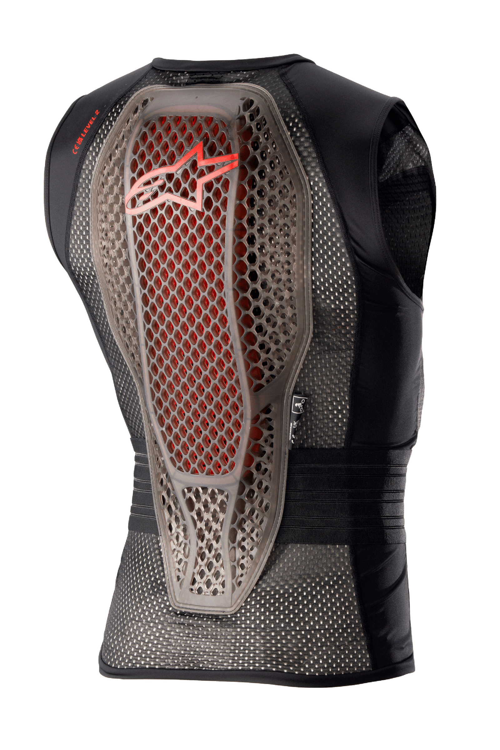 Alpinestars Nucleon Flex Pro Protection Vest, Motorcycle Body Armor, Transparent Smoke Red Black, Back view showing the hybrid Cell structure back protector with red accents, ventilated black mesh chassis, and ergonomic safety design