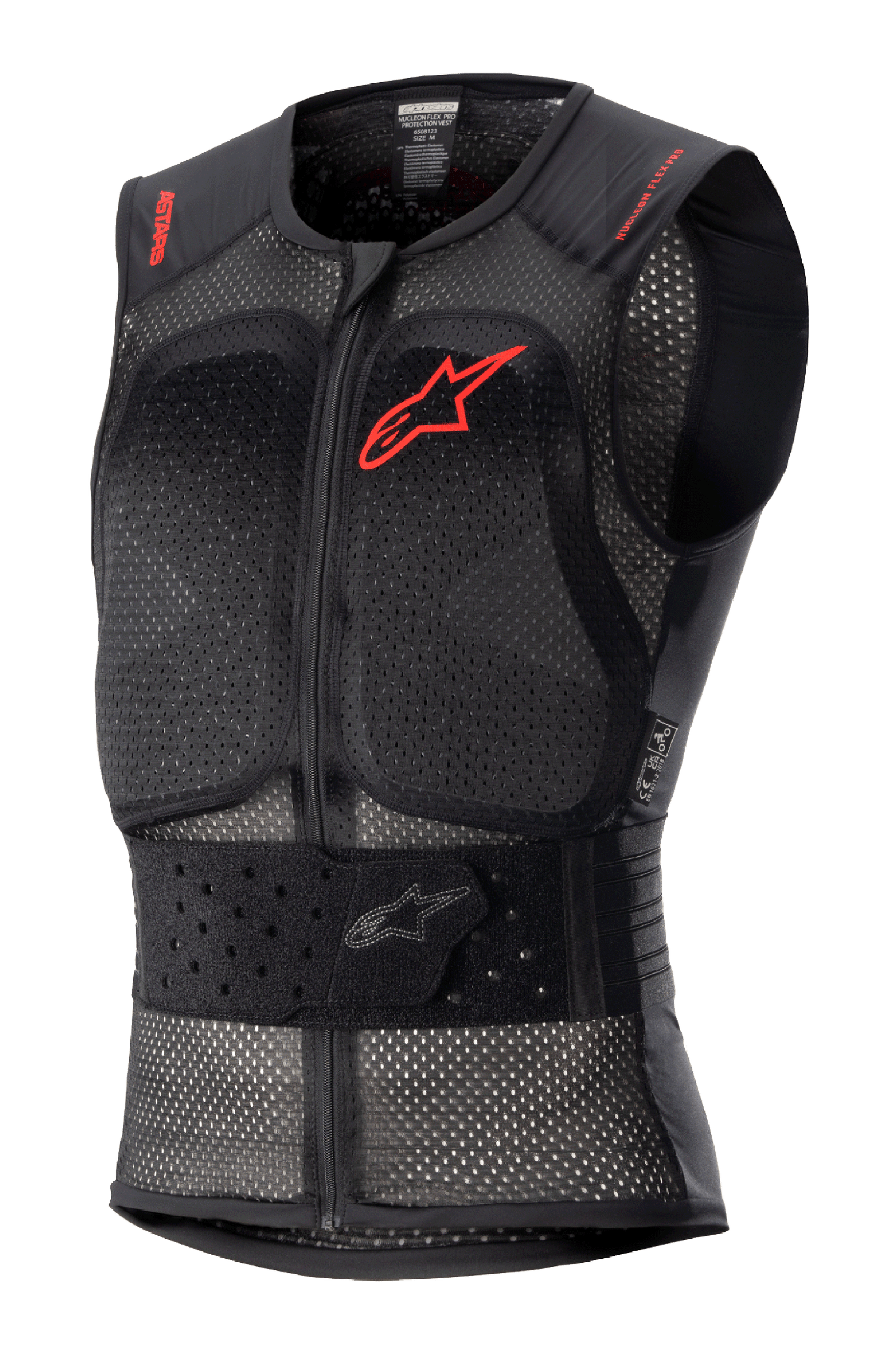Alpinestars Nucleon Flex Pro Protection Vest, black sleeveless motorcycle body armor, perforated mesh chassis for airflow, red Alpinestars logo on chest and red text on shoulders, adjustable elasticated waist belt, front zipper, CE Level 2 certified back and chest protection