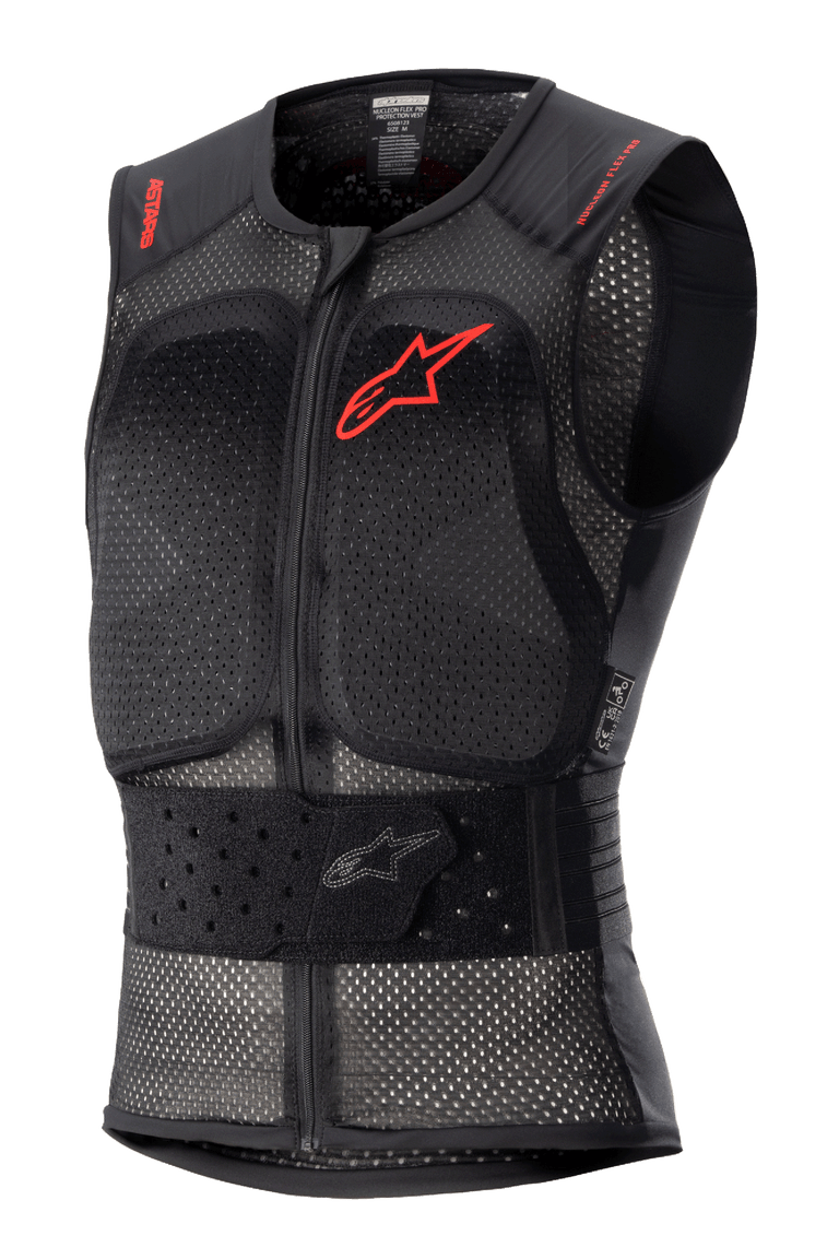 Alpinestars Nucleon Flex Pro Protection Vest, black sleeveless motorcycle body armor, perforated mesh chassis for airflow, red Alpinestars logo on chest and red text on shoulders, adjustable elasticated waist belt, front zipper, CE Level 2 certified back and chest protection