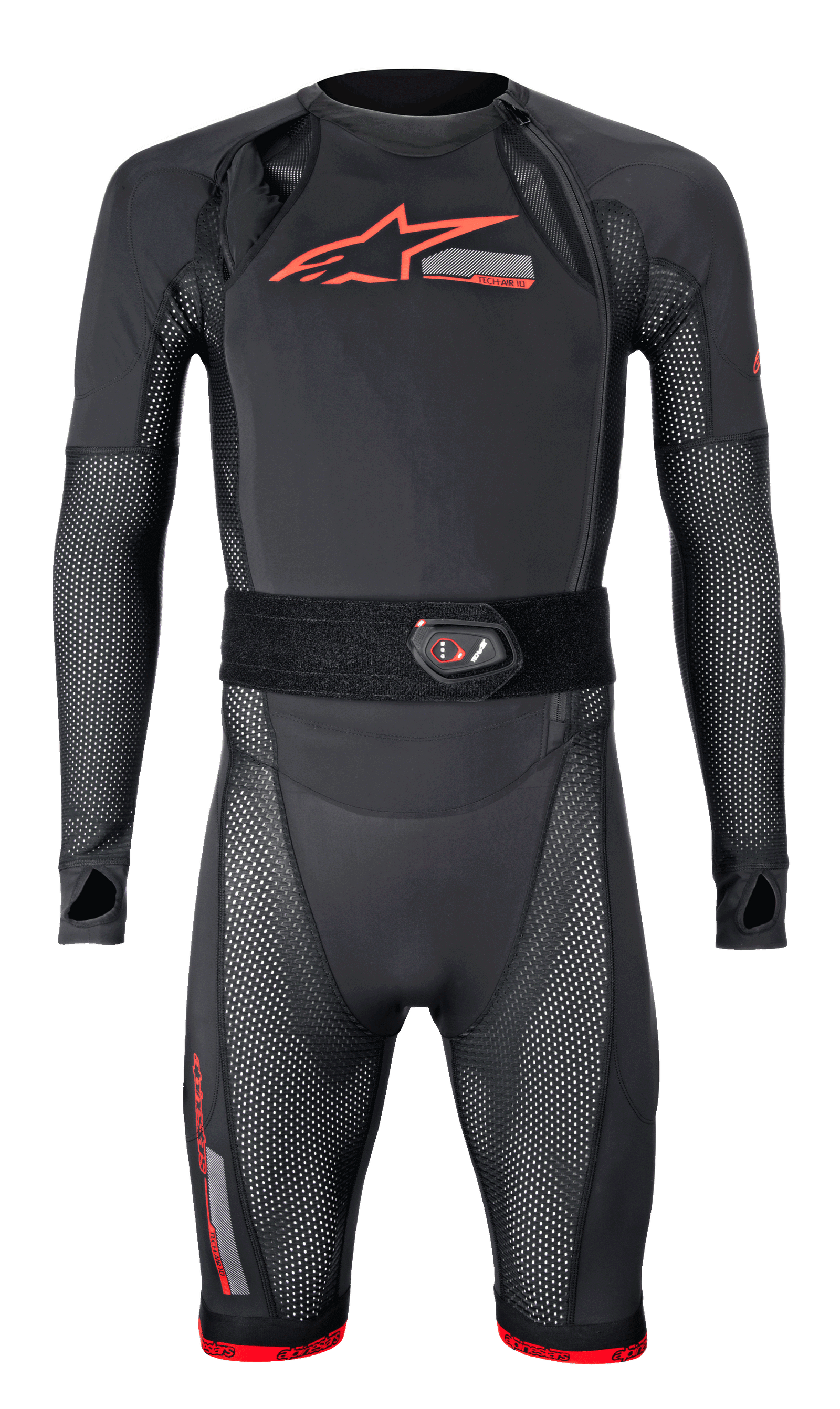 Alpinestars Tech-Air 10 Airbag System, Black and Bright Red motorcycle racing protection base layer with LED display.