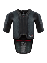Alpinestars Tech-Air® 7X System, Motorcycle Airbag Vest, Black and Red, front view featuring a ventilated mesh chassis, center zipper with red pull, and internal certification labels, high-performance protection for track and road riding