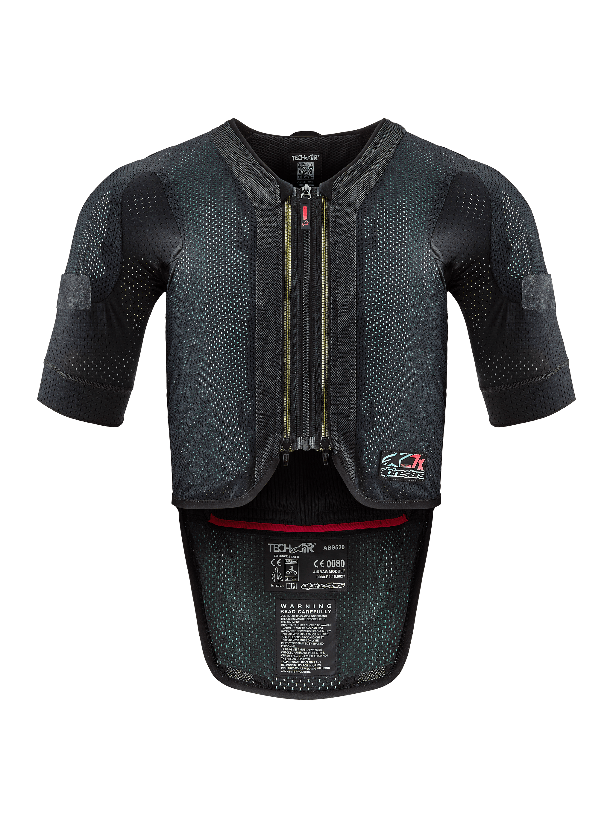 Alpinestars Tech-Air® 7X System, Motorcycle Airbag Vest, Black and Red, front view featuring a ventilated mesh chassis, center zipper with red pull, and internal certification labels, high-performance protection for track and road riding