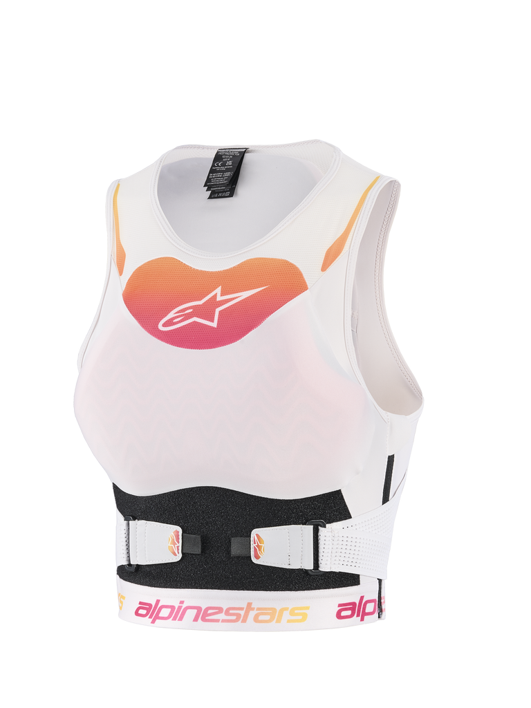 Alpinestars Stella Plasma Chest Protector, Women's Motocross Protective Vest, White with Orange and Pink Gradient Logo, Breathable Mesh Construction with Adjustable V-Belt Straps, Ergonomic Off-Road Body Armor