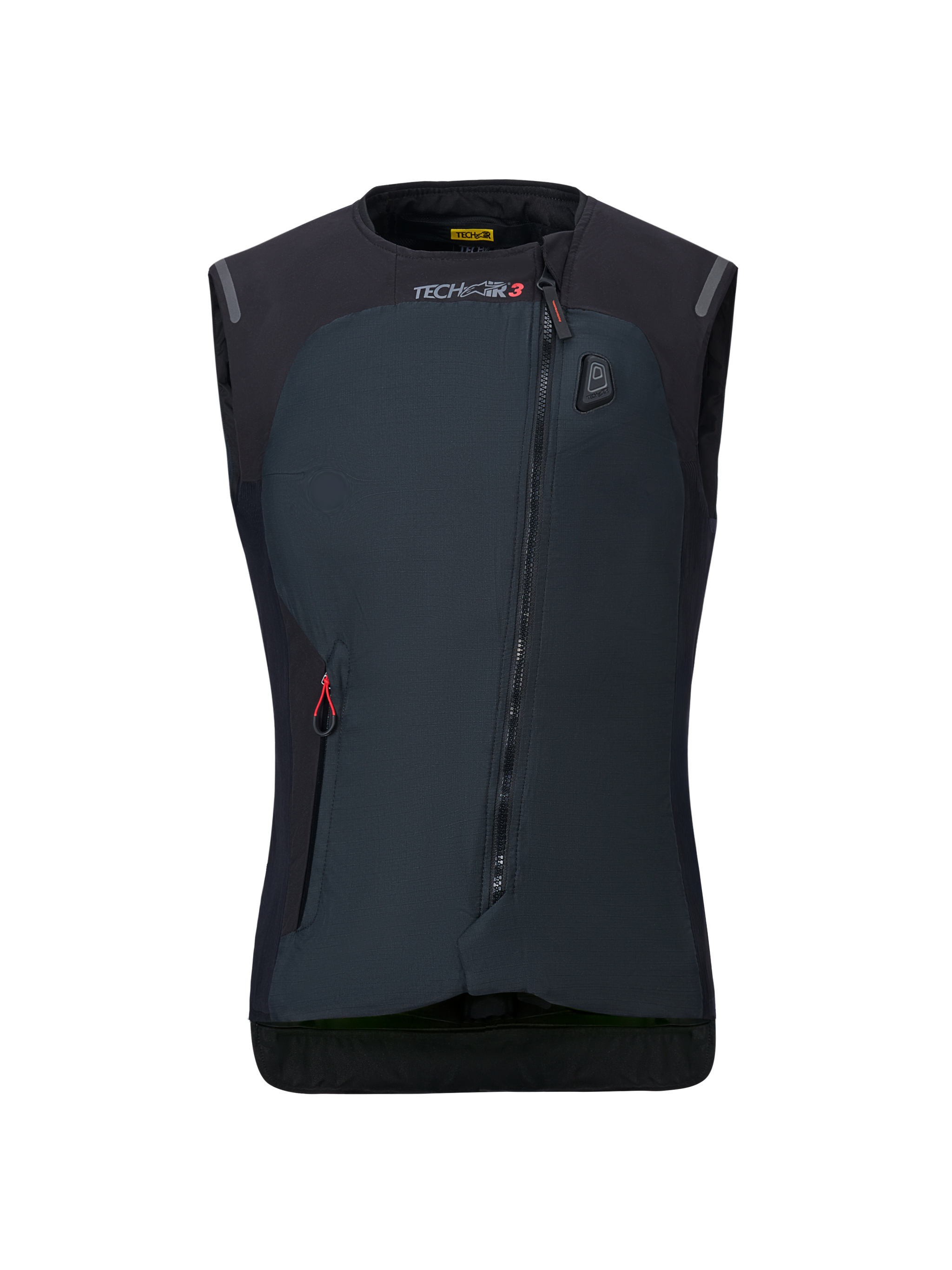 Alpinestars Women Stella Tech-Air 3 V2 System, Black Motorcycle Airbag Vest, front view, featuring a diagonal zipper, Tech-Air 3 branding, and an LED status indicator on the chest