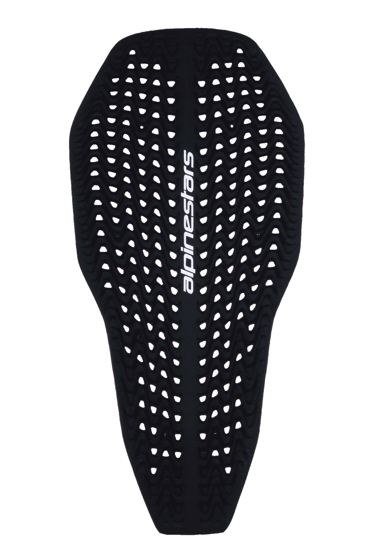 Alpinestars Nucleon Plasma Full Back Protector Insert, Motorcycle Back Protector, Black, featuring a perforated wavy texture for ventilation, white vertical Alpinestars logo, slim and flexible contoured design