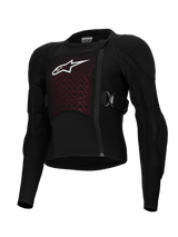 Alpinestars Bionic Plasma LT Youth Protection Jacket, Black and Red, Motorcycle Protective Gear, featuring padded shoulders and elbows, offset front zipper, adjustable side straps, and textured chest panel with white logo