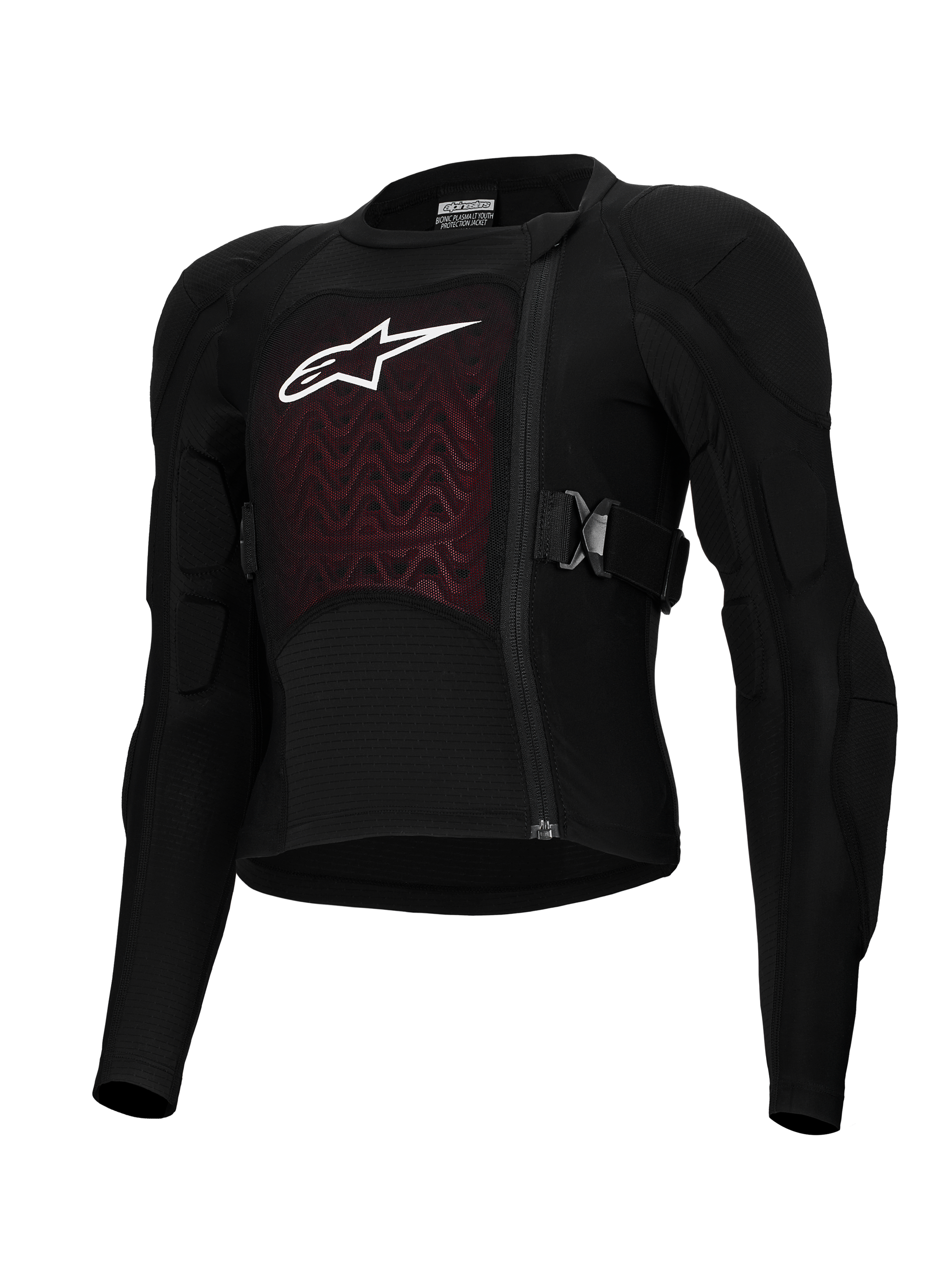 Alpinestars Bionic Plasma LT Youth Protection Jacket, Black and Red, Motorcycle Protective Gear, featuring padded shoulders and elbows, offset front zipper, adjustable side straps, and textured chest panel with white logo