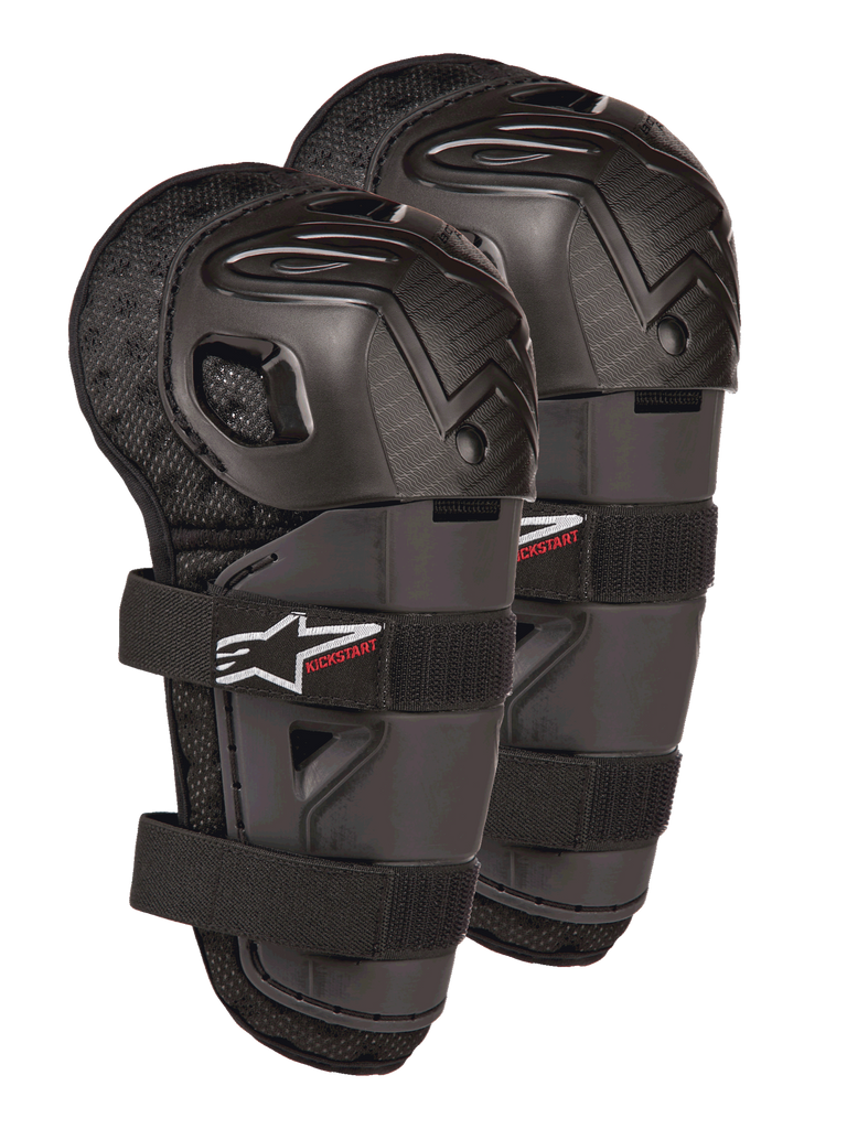 Alpinestars Bionic Action Kickstart Knee Guards, Youth Motocross Knee and Shin Protectors, Black with Red KICKSTART logo, articulated plastic shell and double elasticated straps, protective gear for young off-road riders