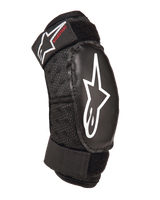 Alpinestars Youth Bionic Action Kickstart Elbow Guard, Black, protective youth elbow pad with white star logo and red Kickstart branding, double adjustable straps with Velcro, breathable mesh fabric, ergonomic design for motocross and action sports