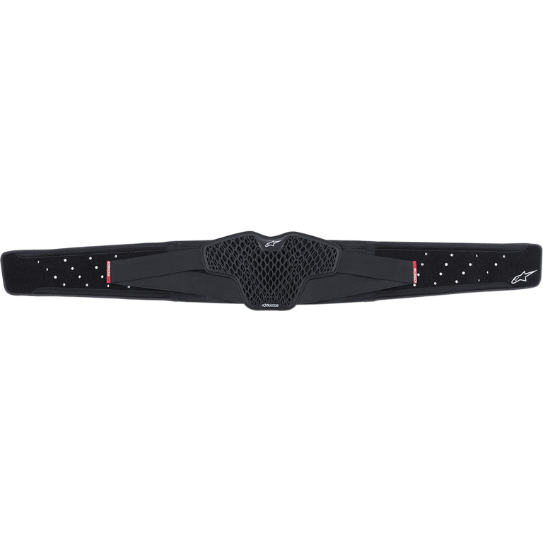 Alpinestars Youth Sequence Kidney Belt, Black, featuring a central honeycomb TPR CELL ventilation panel, perforated elastic straps with red labels and white Alpinestars logos, ergonomic lumbar support for youth motocross riders