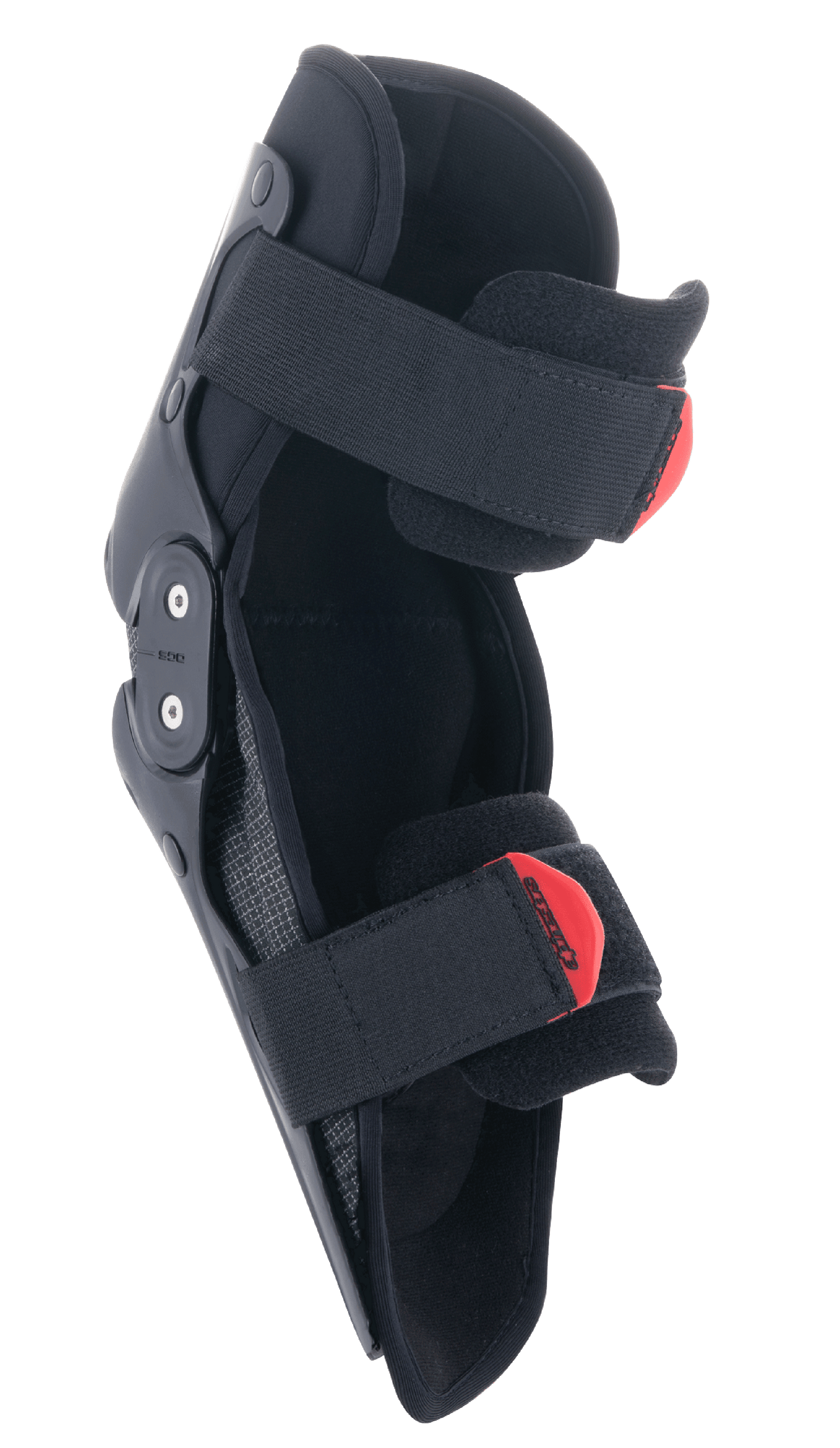 Alpinestars Youth SX-1 Knee Protector, Motocross Knee Guard, Black and Red, featuring a dual pivot hinge system and adjustable dual strap system with red pull-tabs, lightweight and durable protection for young off-road riders.