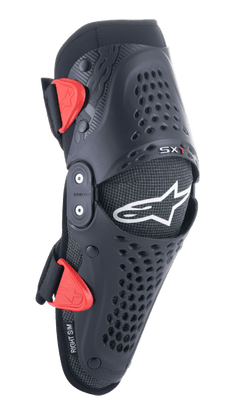 Alpinestars Youth SX-1 Knee Protectors, Motocross Knee Guards, Black and Red, featuring perforated ventilation holes, dual-pivot hinge system, adjustable straps with red buckles, white star logo, youth off-road motorcycle protection