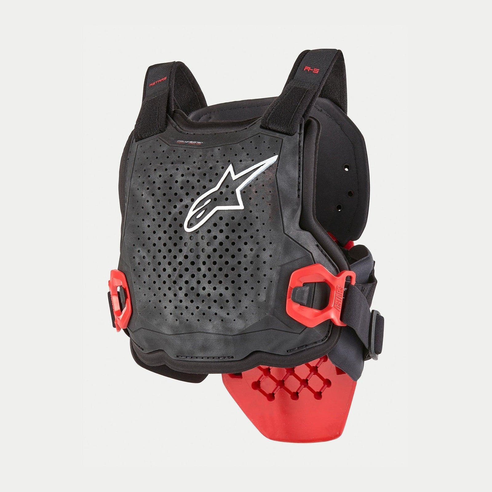 Alpinestars Youth Bionic Tech Protection Jacket, Motocross Protection, Black White and Red, featuring a perforated chest protector with a white star logo, red side buckles, and a ventilated design for off-road racing