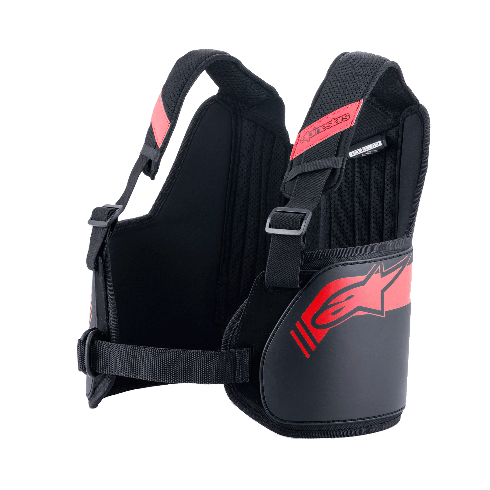 Alpinestars Youth Bionic Rib Support, Black and Red, Karting Rib Protector, featuring adjustable 3D mesh shoulder straps, hardshell side panels with red star logo, and adjustable waist strap for a secure fit