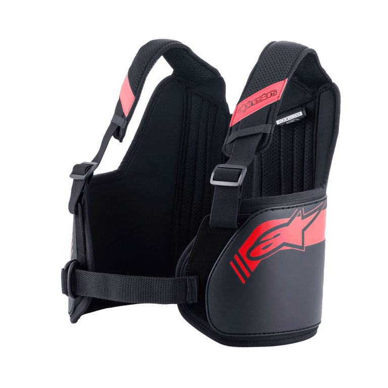 Alpinestars Youth Bionic Rib Support, Black and Red, Karting Rib Protector, featuring adjustable 3D mesh shoulder straps, hardshell side panels with red star logo, and adjustable waist strap for a secure fit