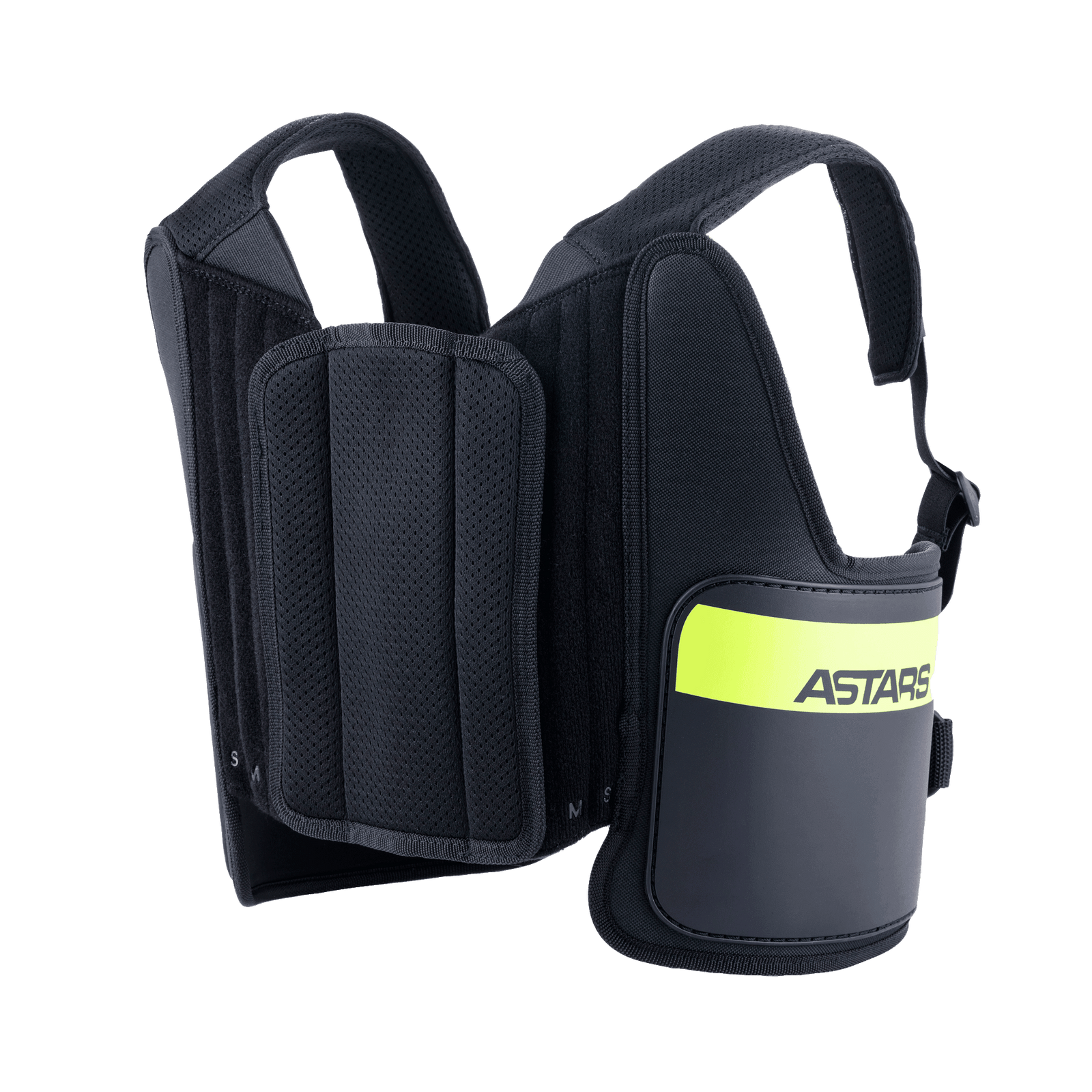 Alpinestars Youth Bionic Rib Support, Karting Rib Protector, Black and Yellow Fluo, featuring adjustable mesh shoulder straps, padded side panels with a bright yellow fluorescent band and ASTARS branding, ergonomic design for kart racing protection